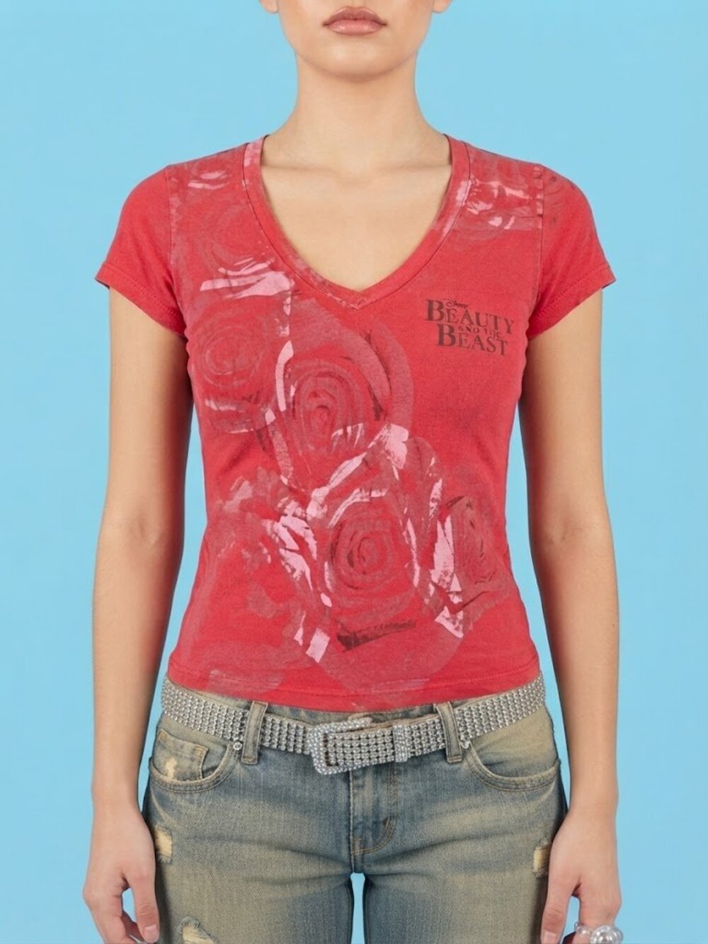Vintage Disney Beauty and the Beast Broadway Musical Red Rose V-Neck T-Shirt